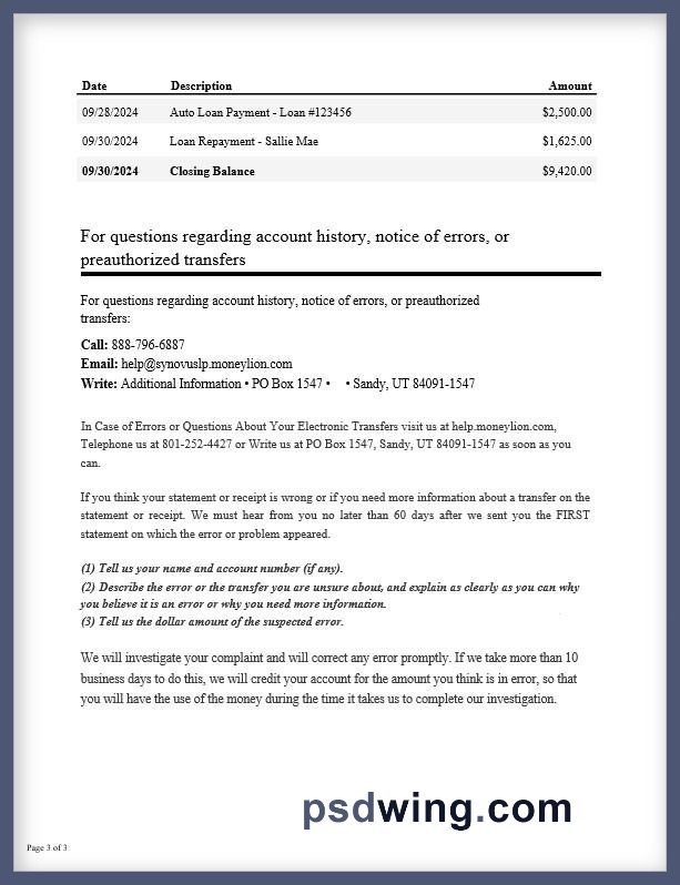 USA Synovus Bank Statement (3 Pages, Word)